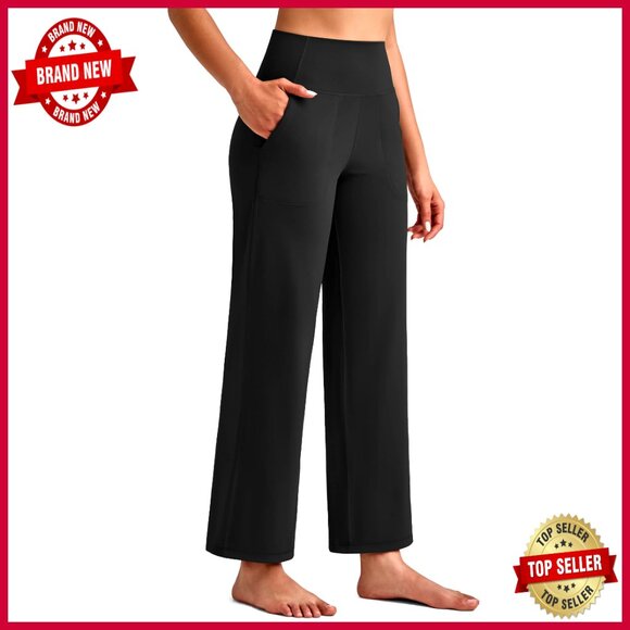 Pants - High Waist Wide Leg Yoga Pants with Pockets - Soft Stretch Ankle Length
